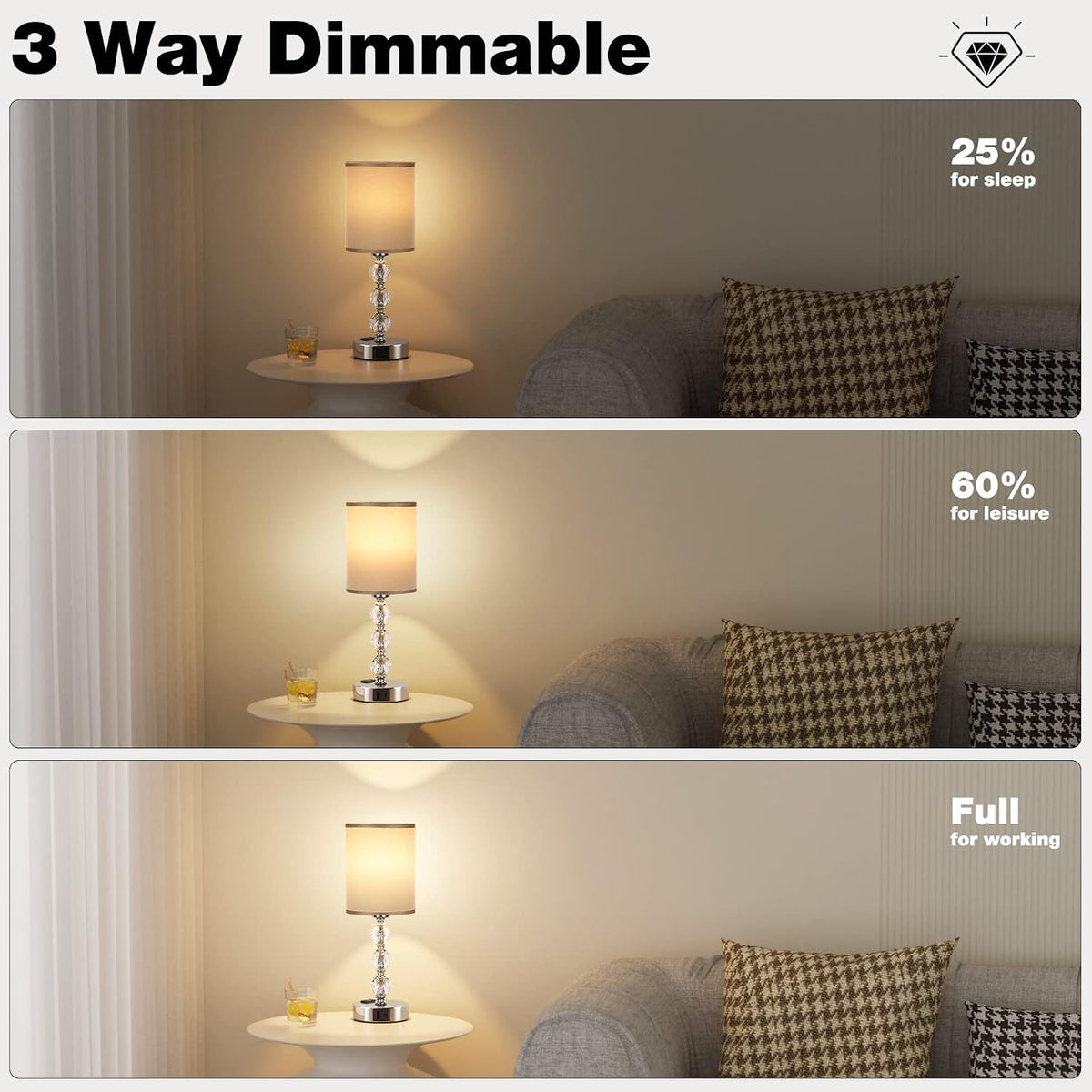 Grey Touch Bedside Lamps for Bedrooms - Crystal Table Lamp with USB C+A Charg...