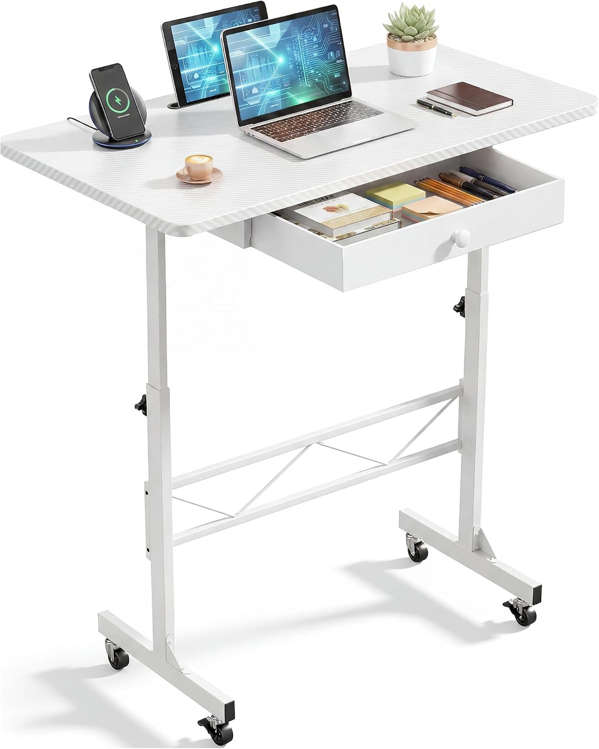 COMHOMA Small Standing Desk with Storage Drawer, Mobile Height Adjustable Rol...