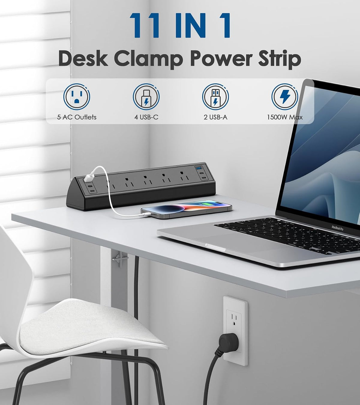 jgstkcity desk clamp power strip usb c,40w total, side view