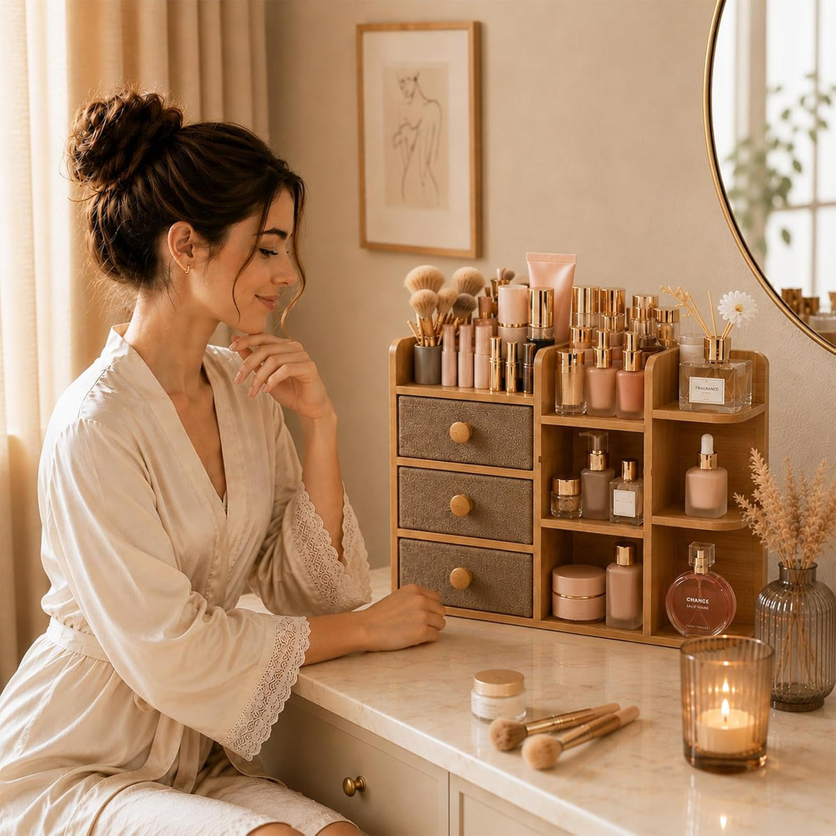 Large Makeup Organizer For Vanity, Large Capacity 3 Tiers Bamboo Bathroom Cou...