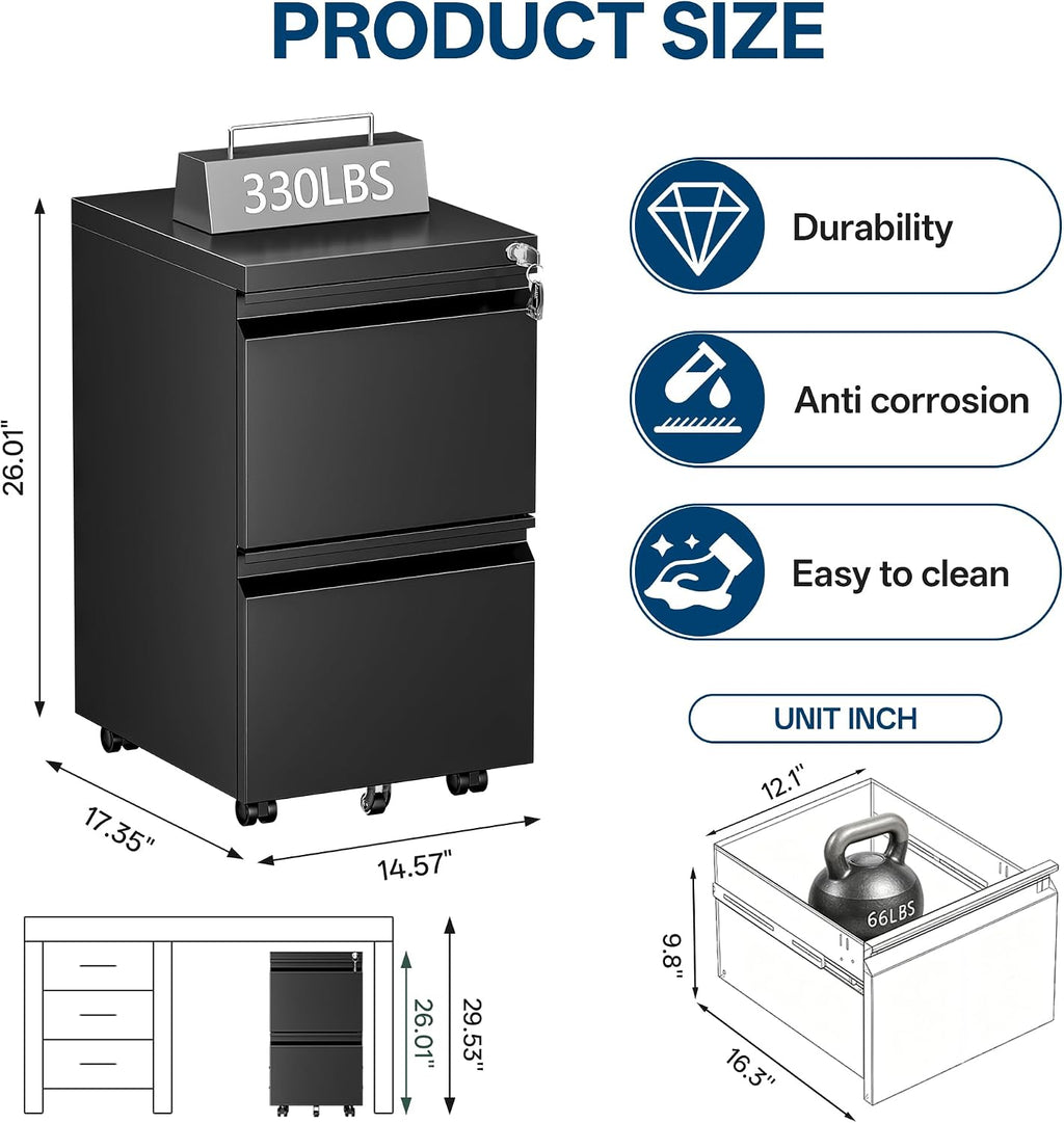 fully assembled 2 drawer mobile file cabinet with, close-up detail