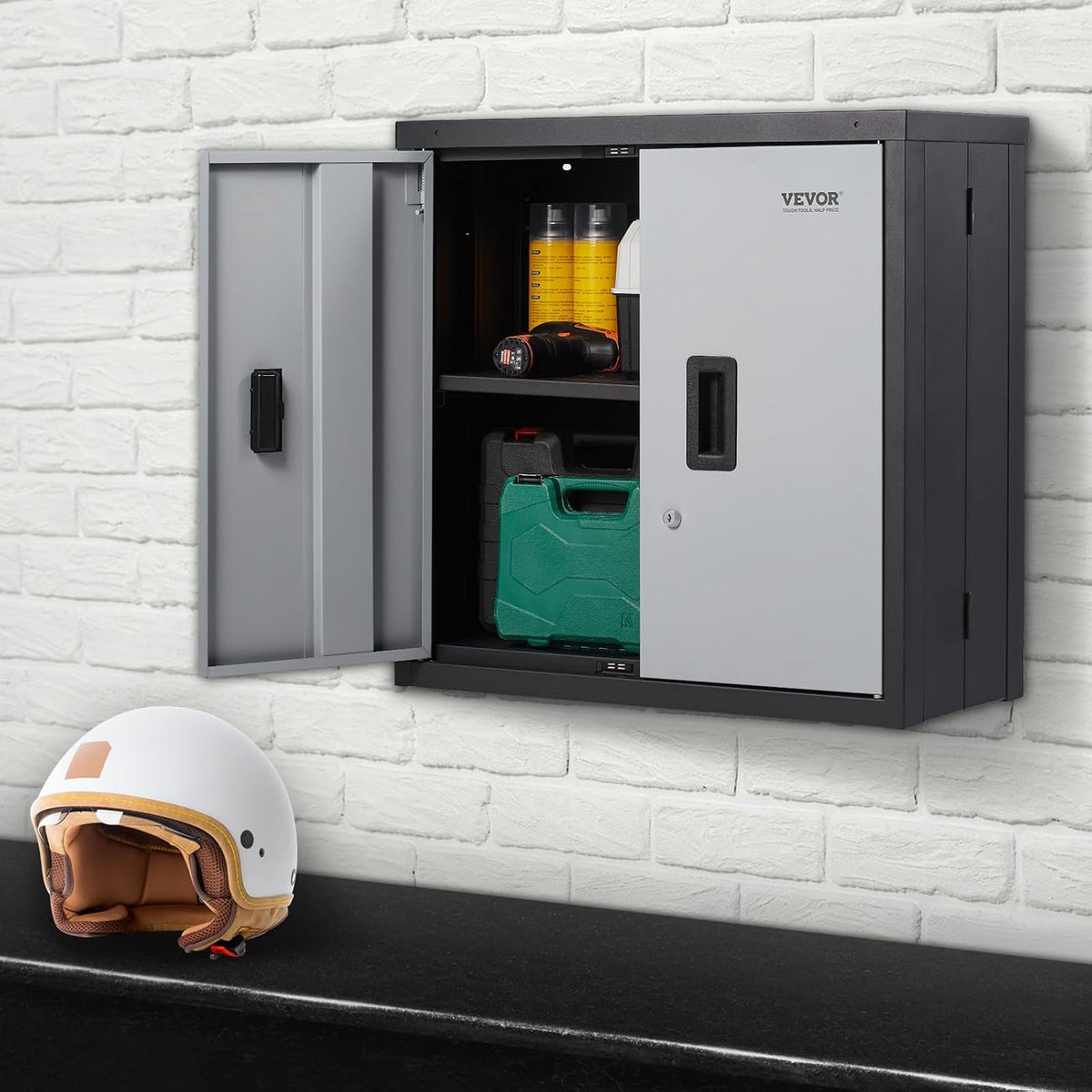 vevor foldable wall cabinet, metal garage locker mounted shown in use