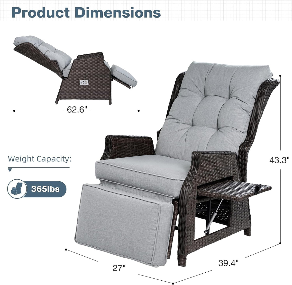 Outdoor Recliner with Adjustable Back and Footrest,Light Grey