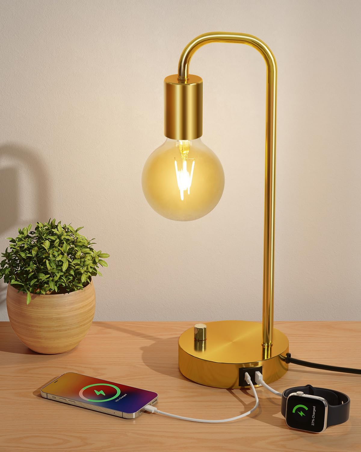 ONEWISH Industrial Table Lamp with 2 USB Port, Stepless Dimmable Nightstand B...