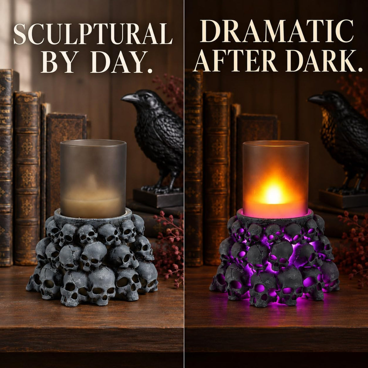 Skull Flameless Candle with Timer, Gothic Decor, Halloween Decor