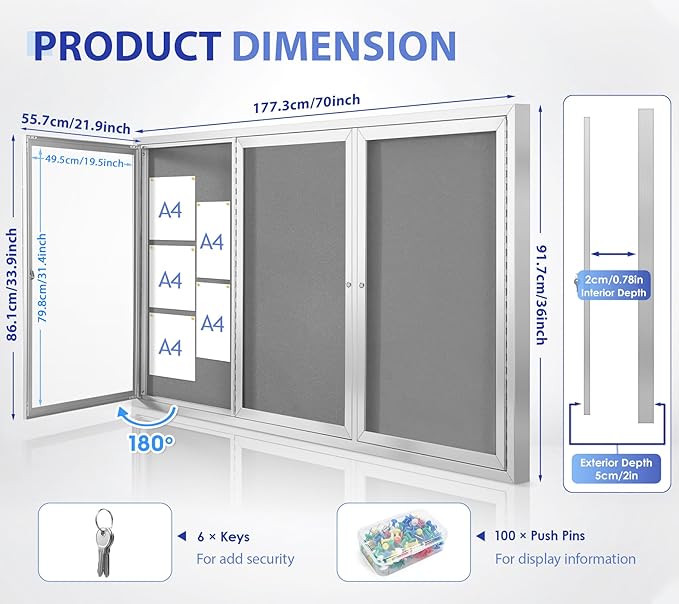 SWANCROWN Weather Resistant Enclosed Bulletin Board Gray Fabric Displays Boards - Image 2