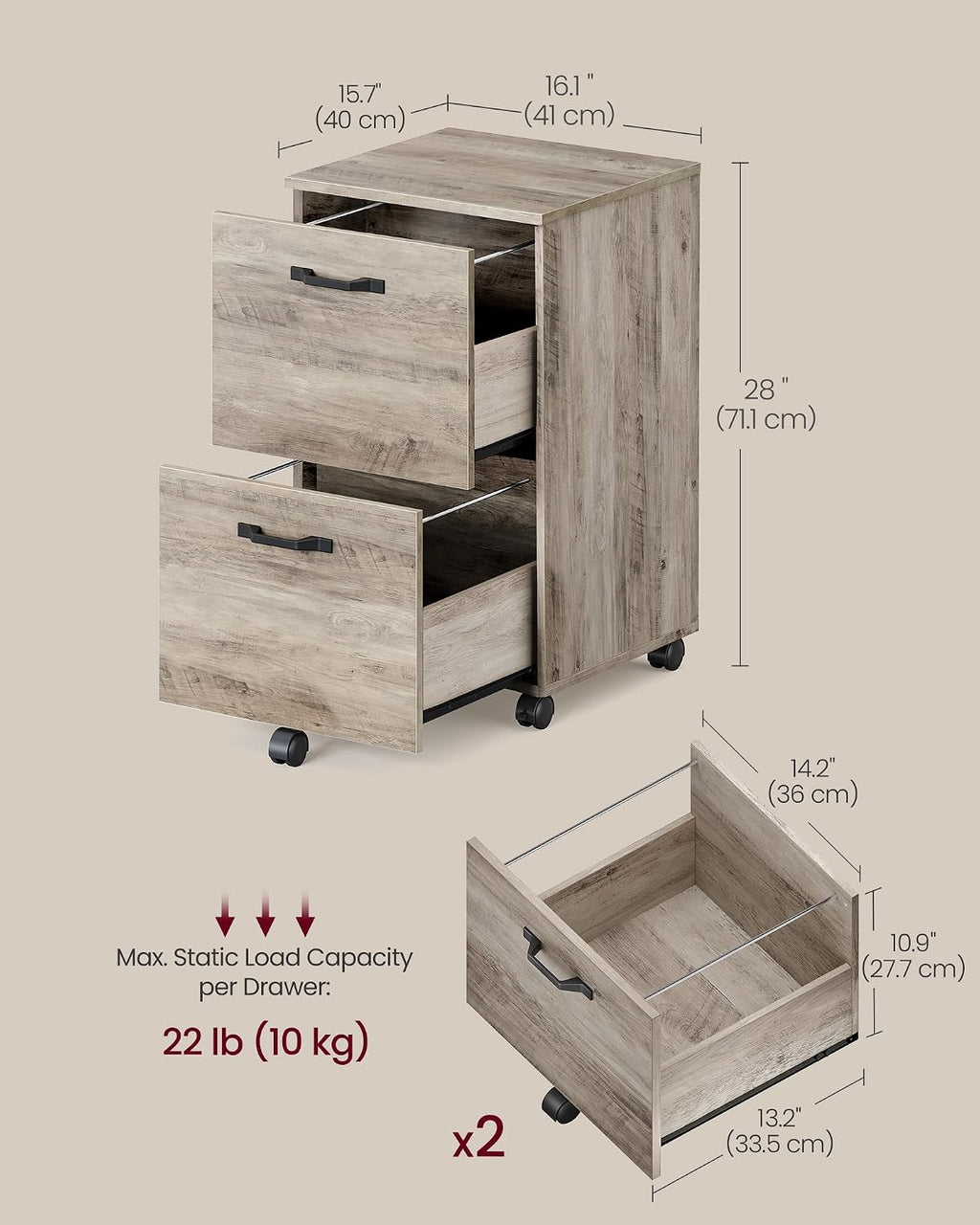 vasagle 2-drawer file cabinet, small rolling filing cabinet, close-up detail