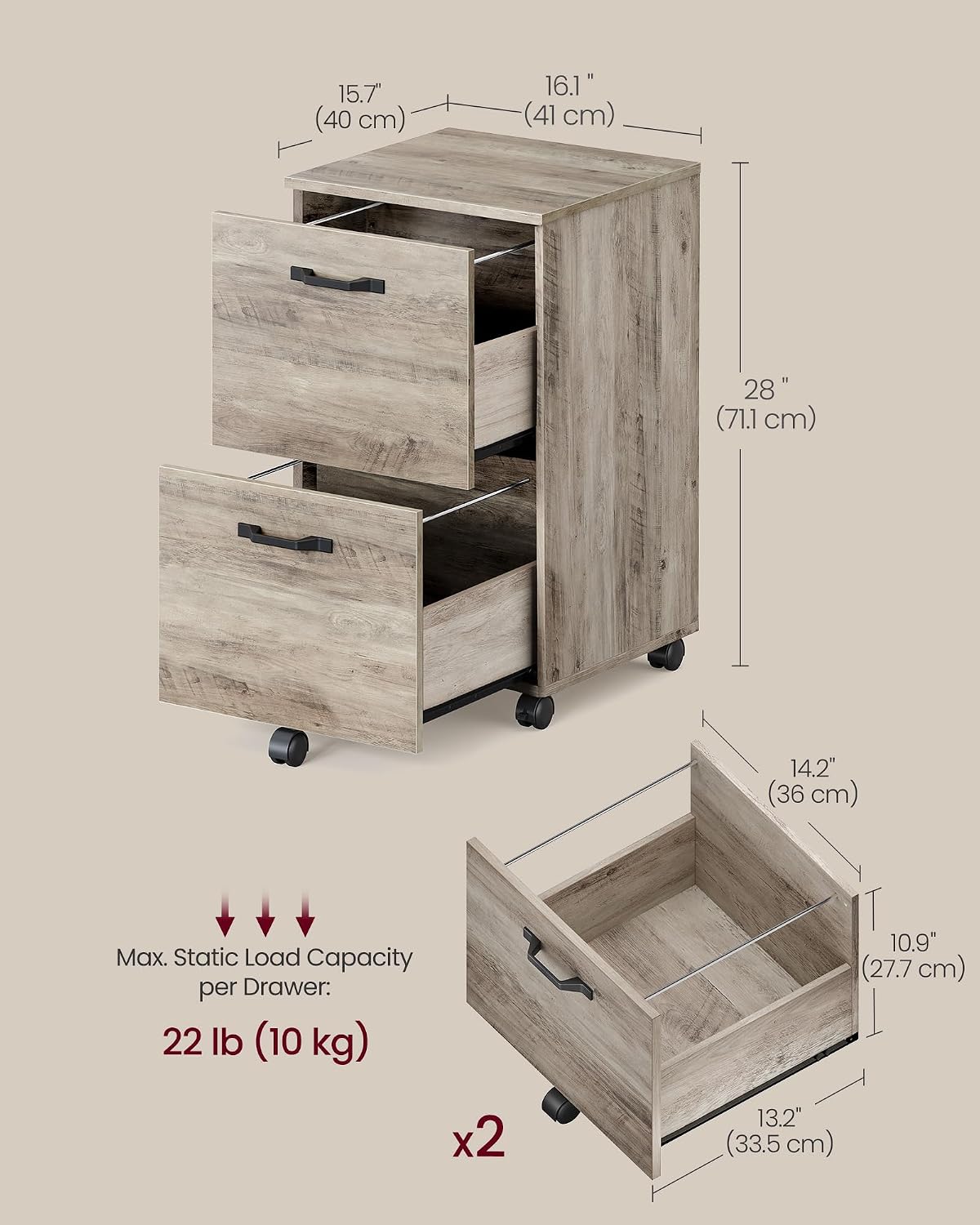 vasagle 2-drawer file cabinet, small rolling filing cabinet, close-up detail