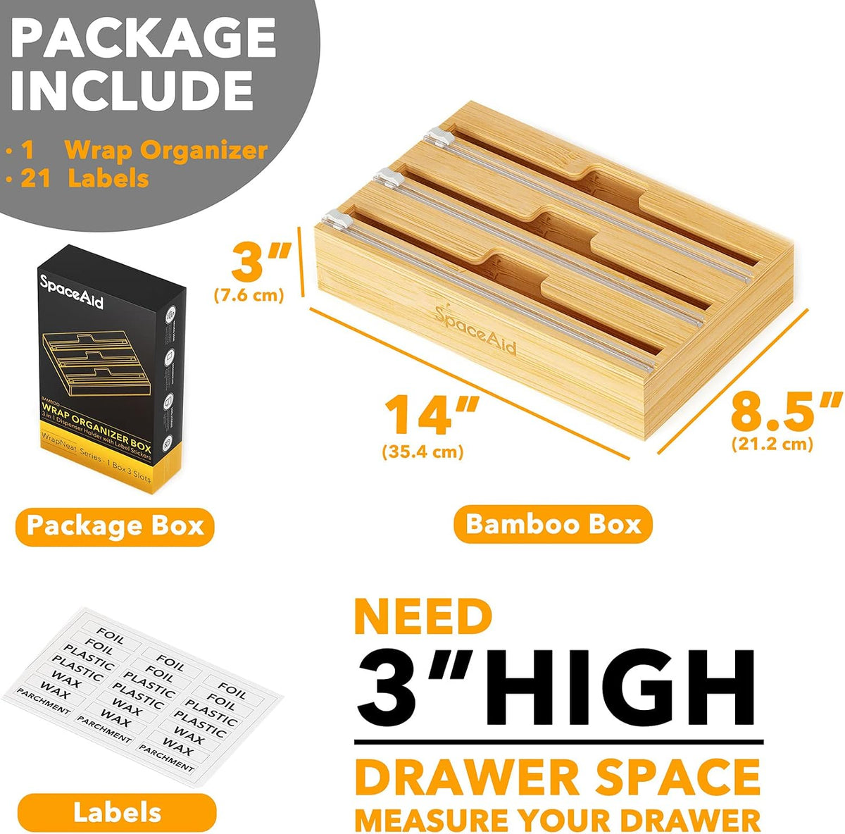 SpaceAid WrapNeat 3 in 1 Wrap Organizer with Cutter and Labels, Plastic Wrap,...