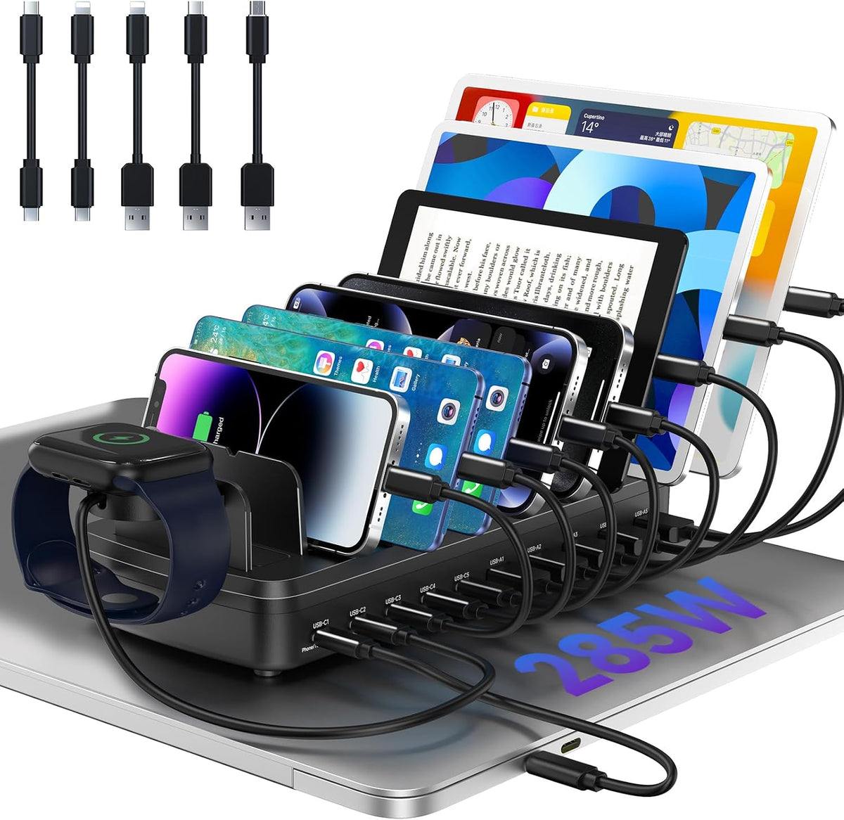 285W Charging Station for Multiple Devices, 10 Ports Fast Multi-Device Charger