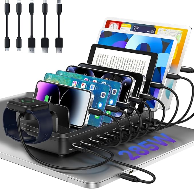 285W Charging Station for Multiple Devices, 10 Ports Fast Multi-Device Charger by MERGROLY