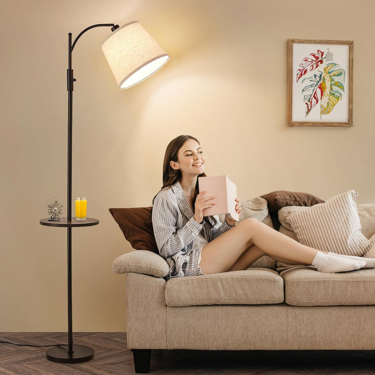 AIDENOEY Black Floor Lamp with Table, Dimmable Standing Lamp, Living Room