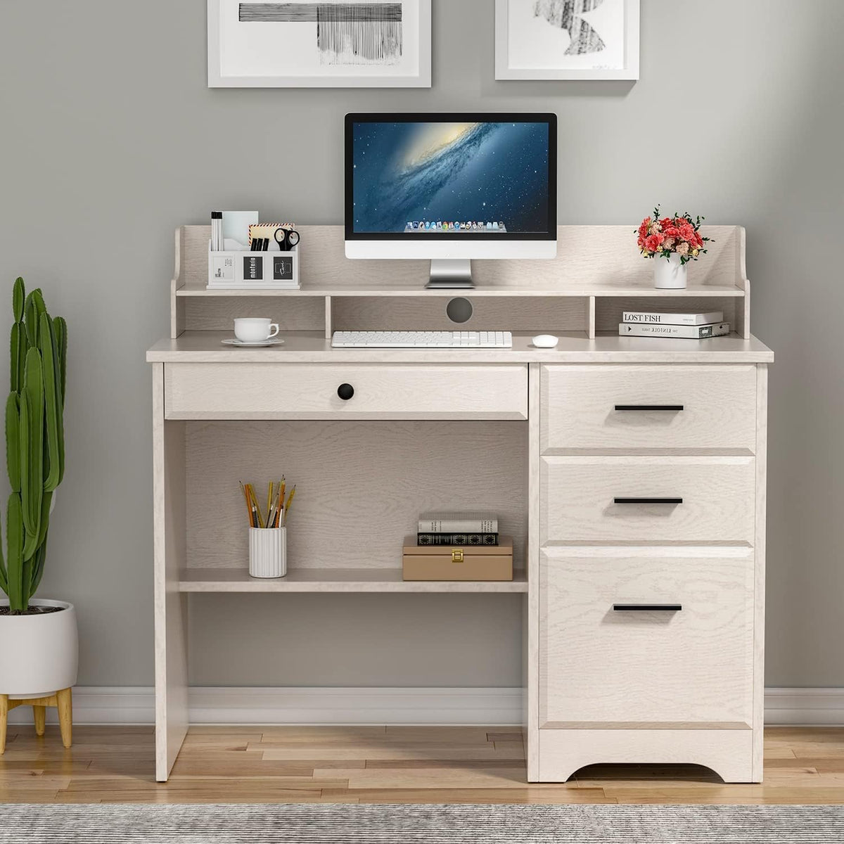 White Home Office Desk with 4 Drawers & Hutch, Computer Table for Bedroom...