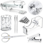 Office Desk Accessories，Office Supplies Set Acrylic Stapler Set Staple Remover, Tape Holder, Pen Holder, 2 Ballpoint Pen, Scissor, Binder Clips, Paper Clips and 1000pcs Staples(Silver)