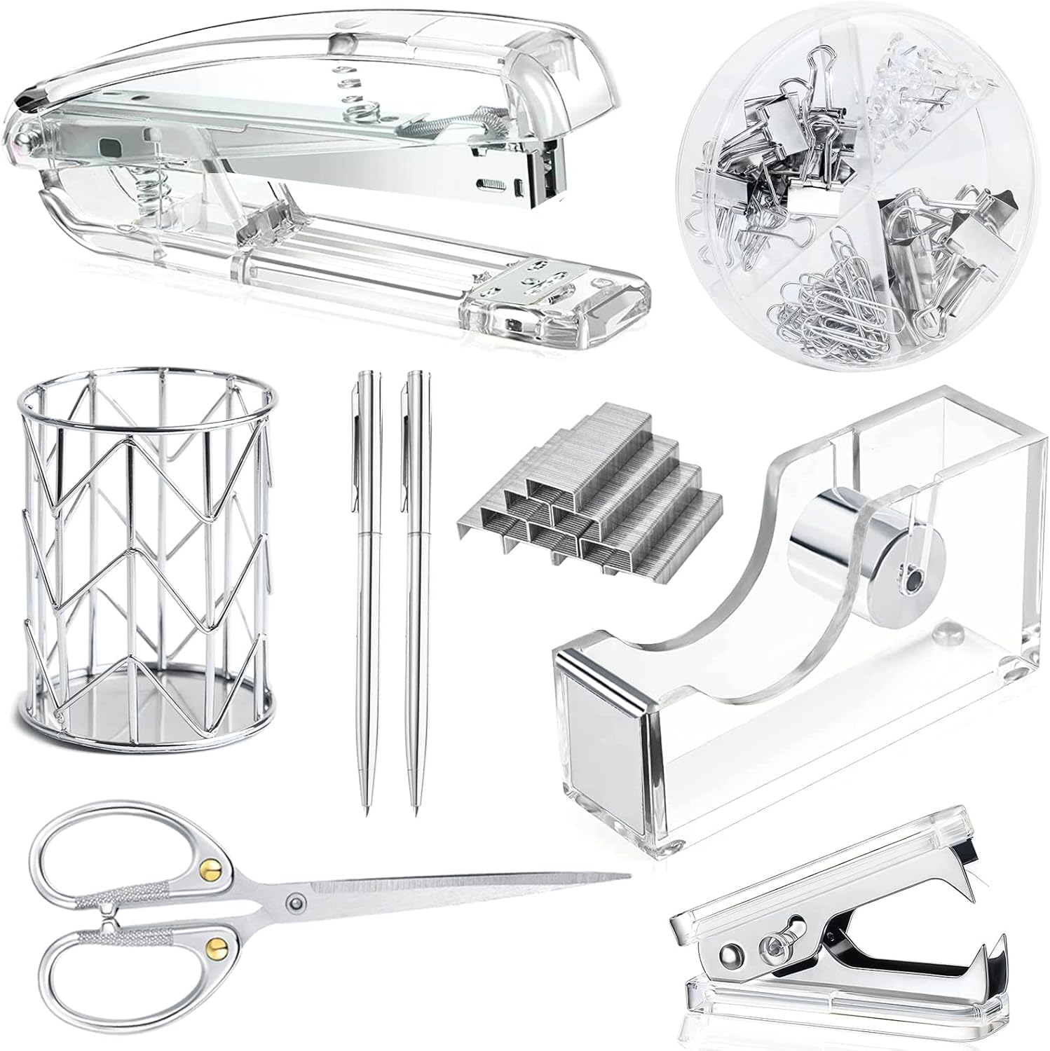 Office Desk Accessories，Office Supplies Set Acrylic Stapler Set Staple Remover, Tape Holder, Pen Holder, 2 Ballpoint Pen, Scissor, Binder Clips, Paper Clips and 1000pcs Staples(Silver)