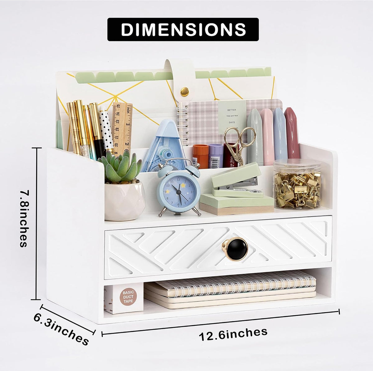 desk organizer with drawer, countertop bill mail organizer, side view