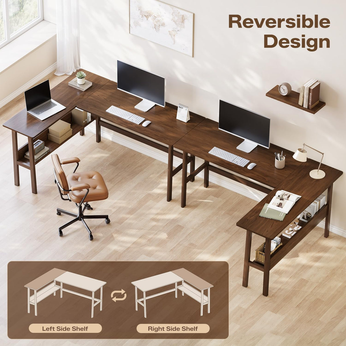 NELYE 63" Reversible L Shaped Desk with Shelf for Home Office, Walnut