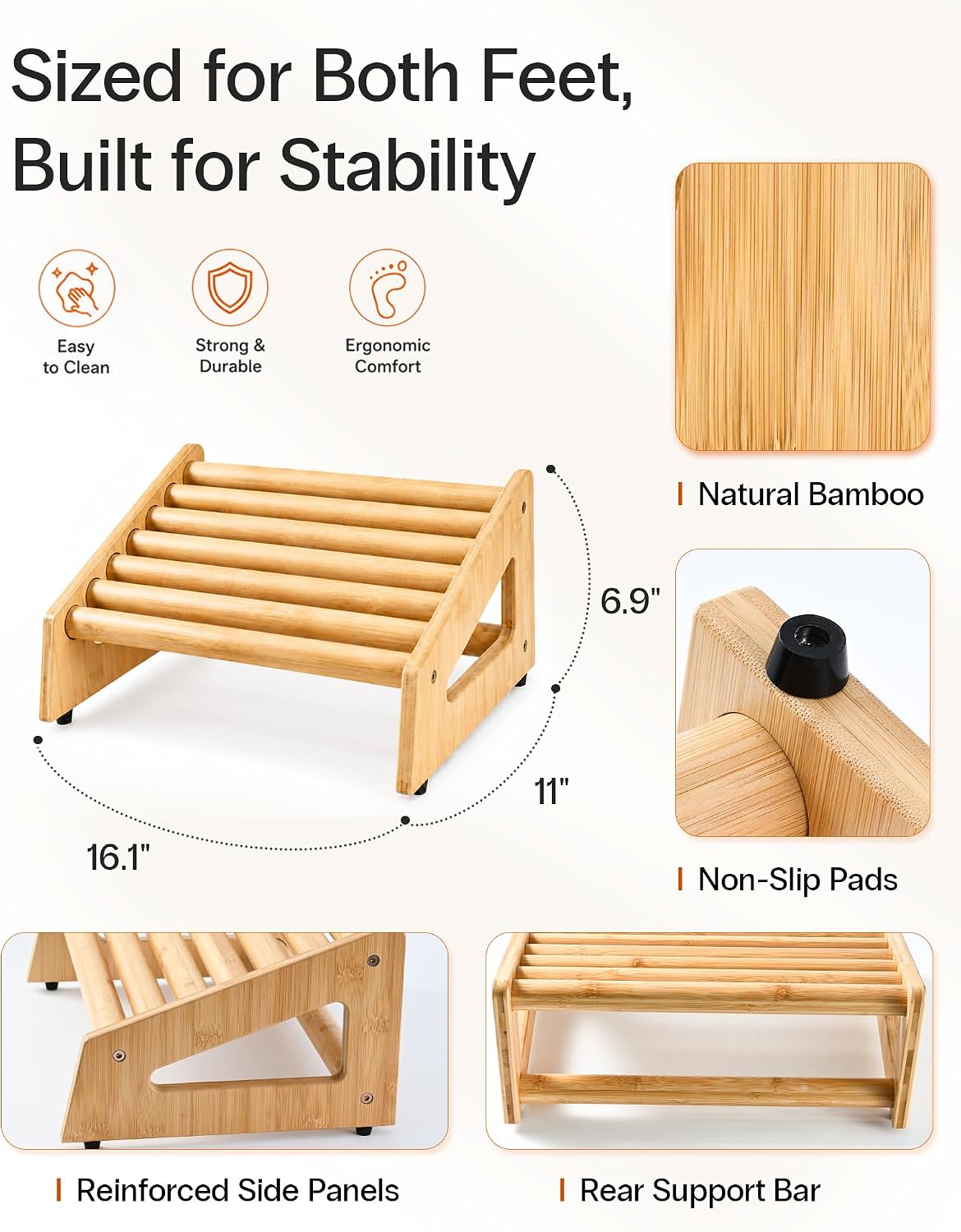 StrongTek Bamboo Foot Rest Under Desk, Ergonomic Rolling Footrest
