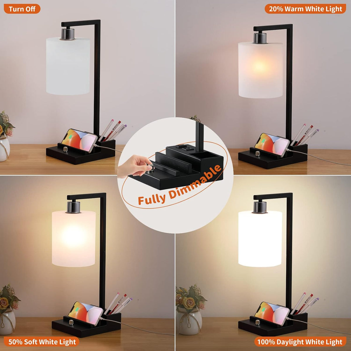 Bedroom Lamps for Nightstand, 3 Color Temperature Nightstand Lamp Bedside Lam...