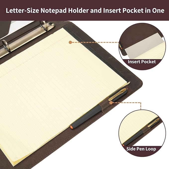 Geslun Genuine Leather 3 Ring Binder, 8.5 x 11 Letter Size Folio - Image 9