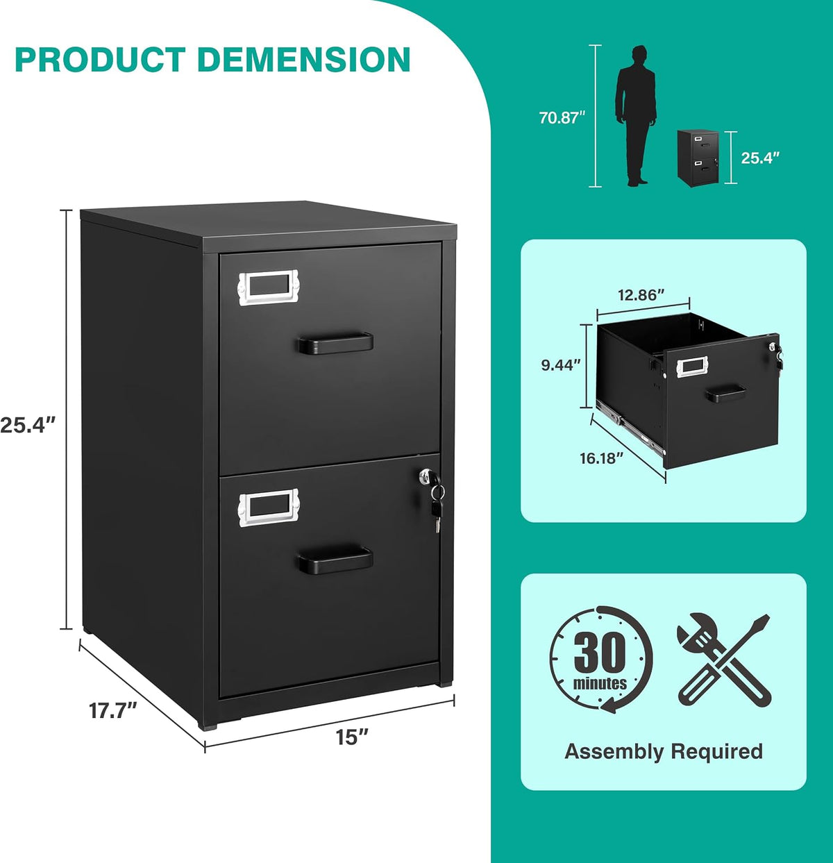 sisesol 2 drawer file cabinet with lock,narrow vertical, close-up detail