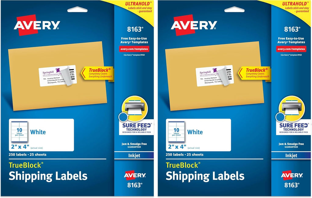 Avery Shipping Labels, 2" x 4", White, 250 Labels | Sure Feed Technology | Pack of 2 | Model 8163