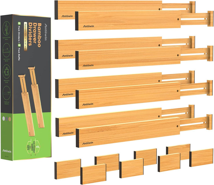 ANTOWIN Bamboo Drawer Dividers Organizers 16pcs, Expandable Drawer Separators Splitter, 17-22 inches Long Adjustable Spring-loaded Organizer for Large Utensil, Clothes, Tools Drawers (8+8)
