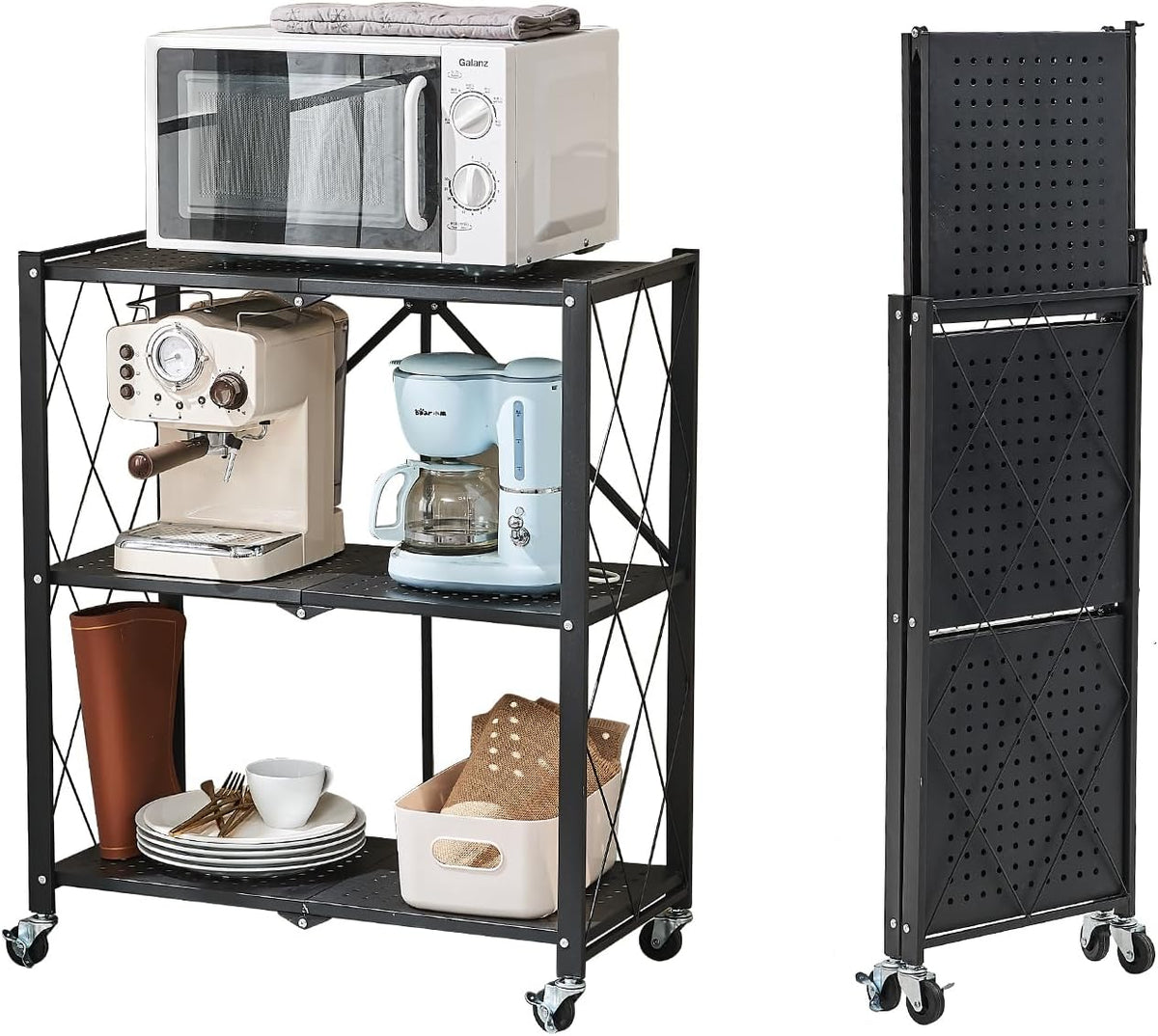 BRIAN & DANY 3-Tier Foldable Storage Shelves with Wheels, No Assembly Fol...