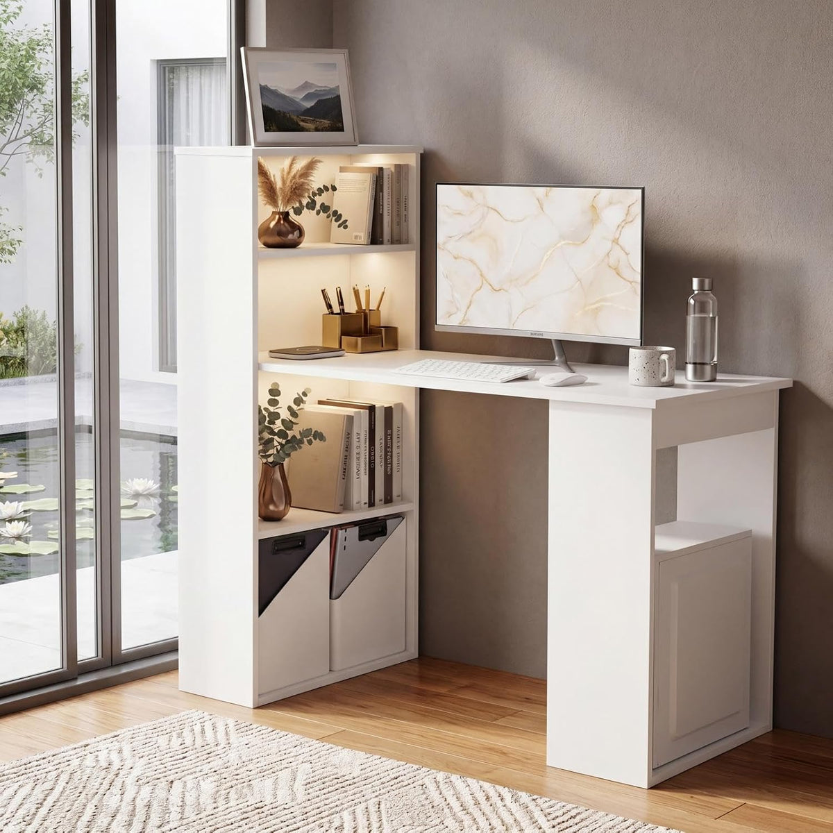 Tangkula White Computer Desk with Bookshelf, Writing Study Desk with Storage ...