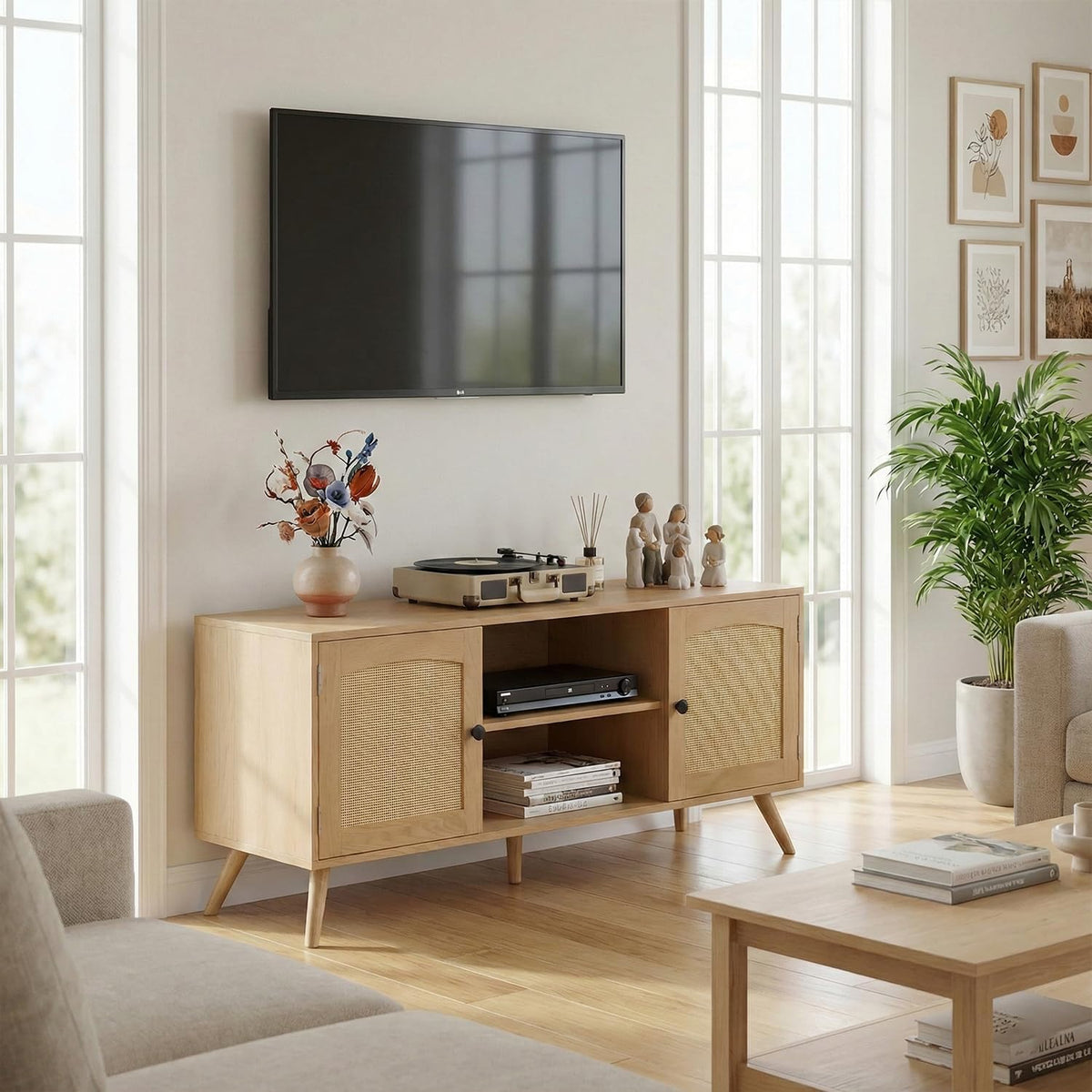holzart Mid Century Modern Rattan TV Stand for 55/60 Inch TV - 53" Boho ...