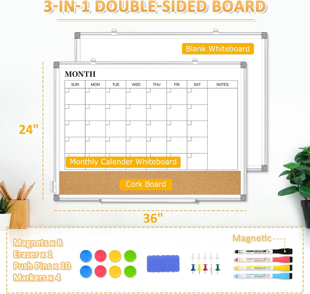 Monthly Dry Erase Calendar Whiteboard with Corkboard, 36" x 24", Si...
