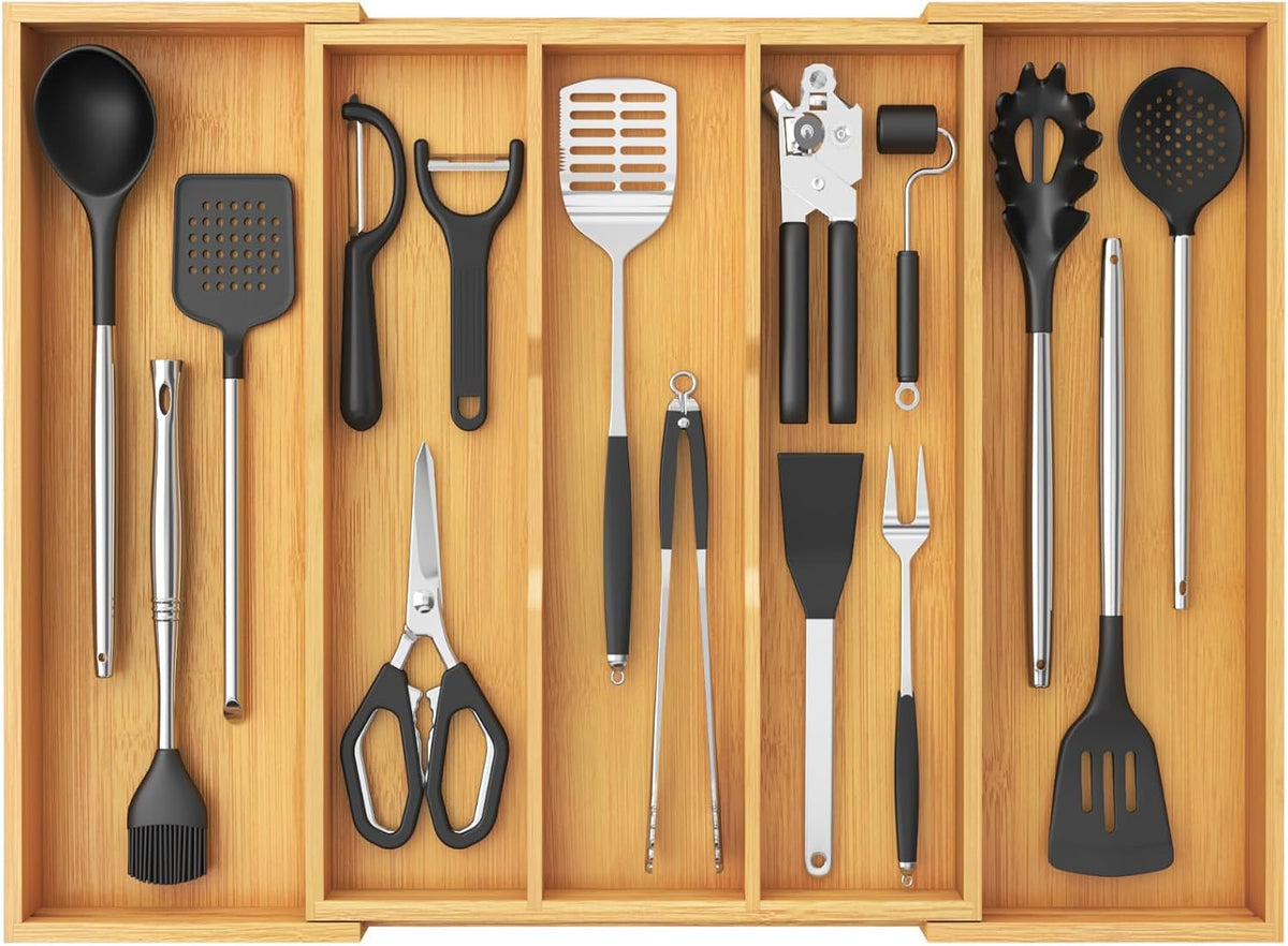 Lifewit Bamboo Utensil Organizer for Kitchen Drawer, Cooking Utensil Tray