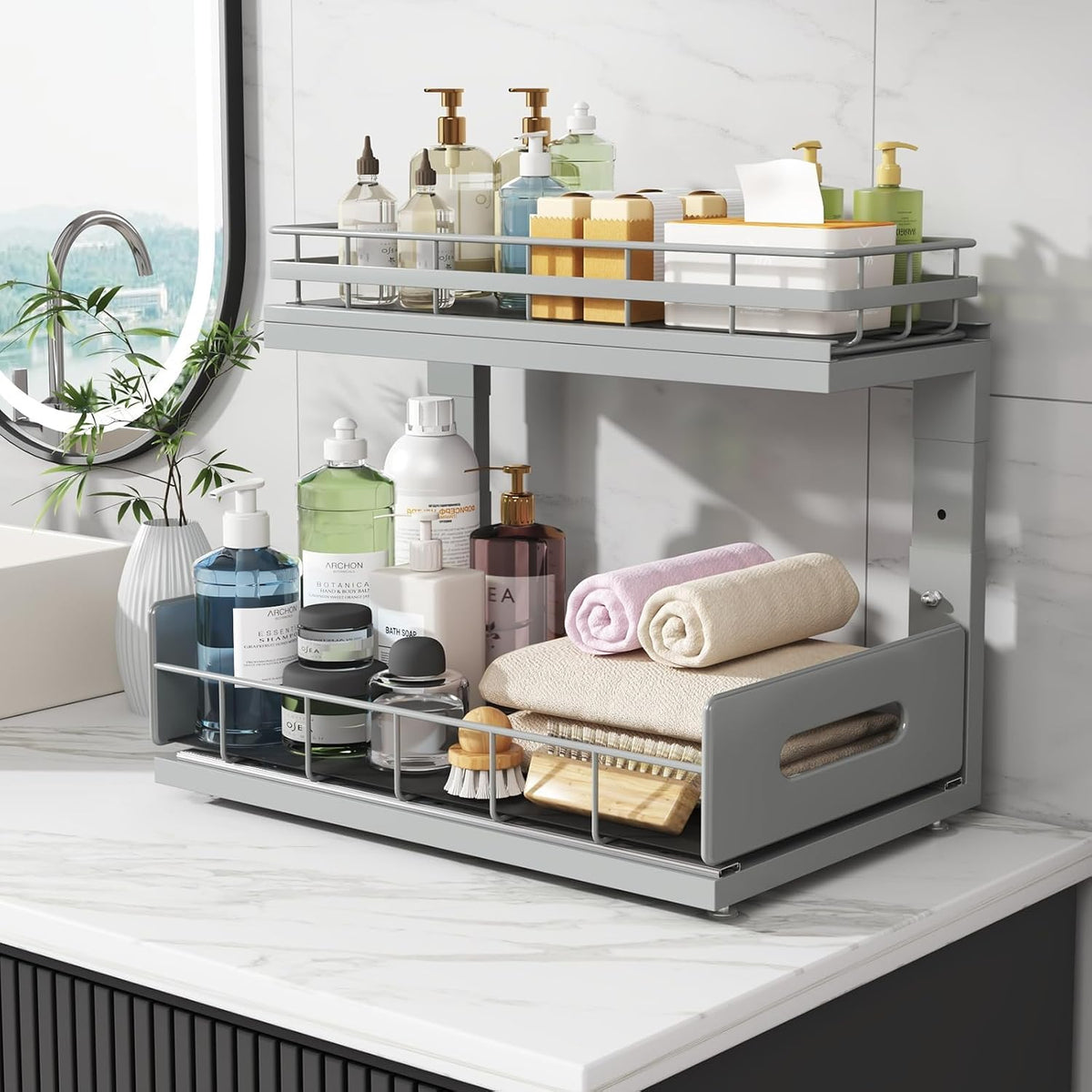 Under Sink Organizer Upgrade To Professional Rails,2-Tier Dual Pull Out Cabin...