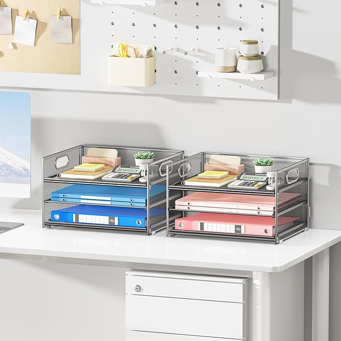Subekyu 2-Pack 3-Tier Silver Metal Mesh Desk Paper Letter Tray & File Sorter - Image 3