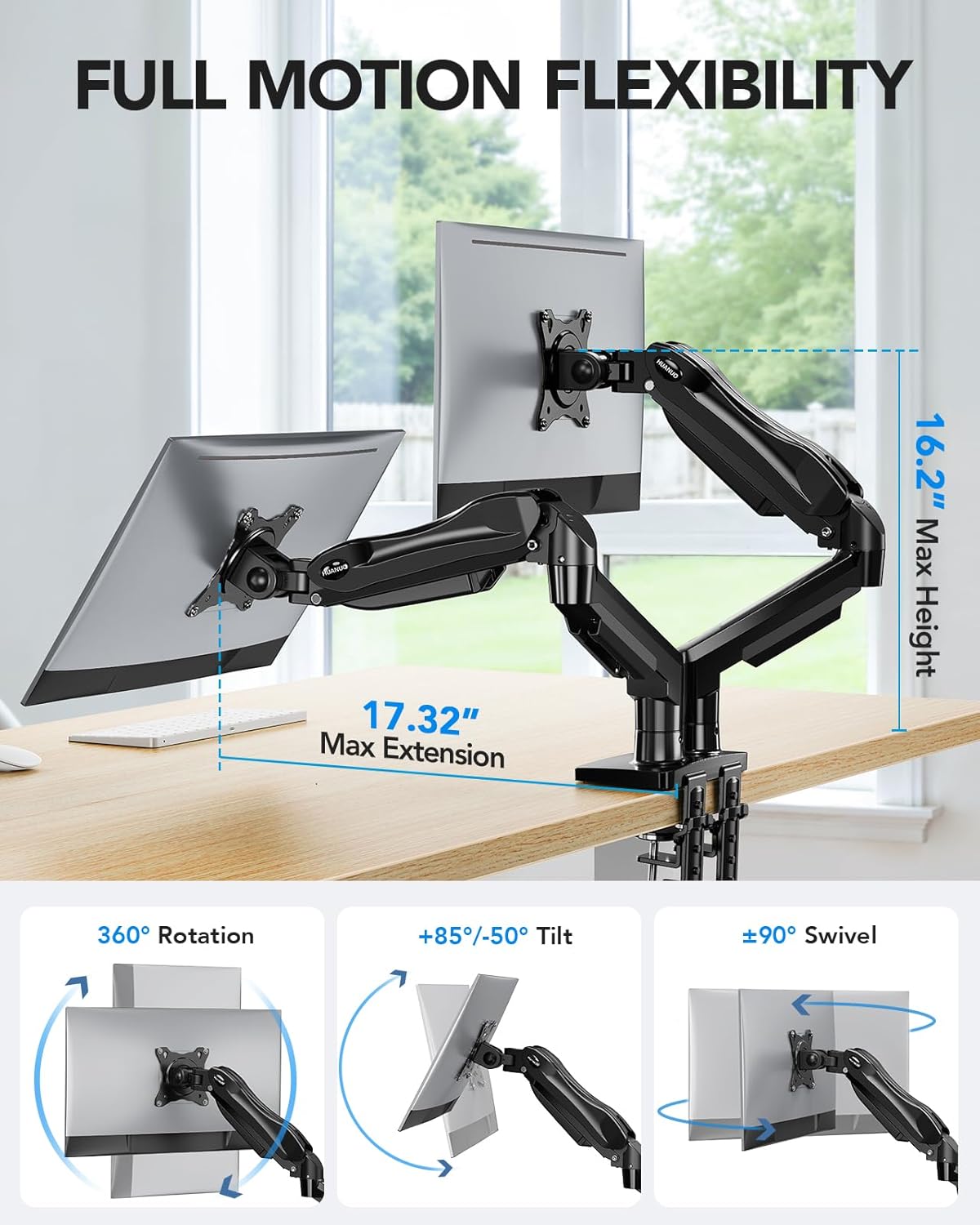 huanuo dual monitor stand, fully adjustable gaming monitor, close-up detail