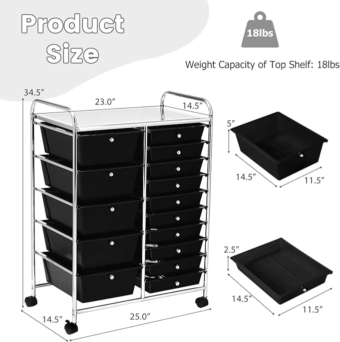 COSTWAY 15 Drawer Rolling Storage Cart, Utility Tools Paper Organizer on Wheels - Image 3