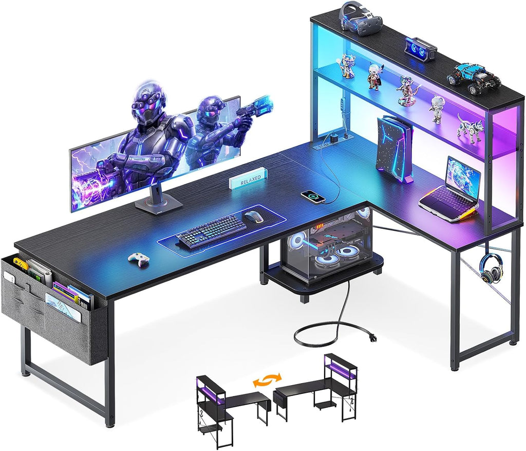 ODK 61" L Shaped Gaming Computer Desk with Shelves, LED & Outlets, Black | Headset hook. Storage bag. Shelves for books & supplies. LED for gaming nights. Reversible. Room for multiple monitors.