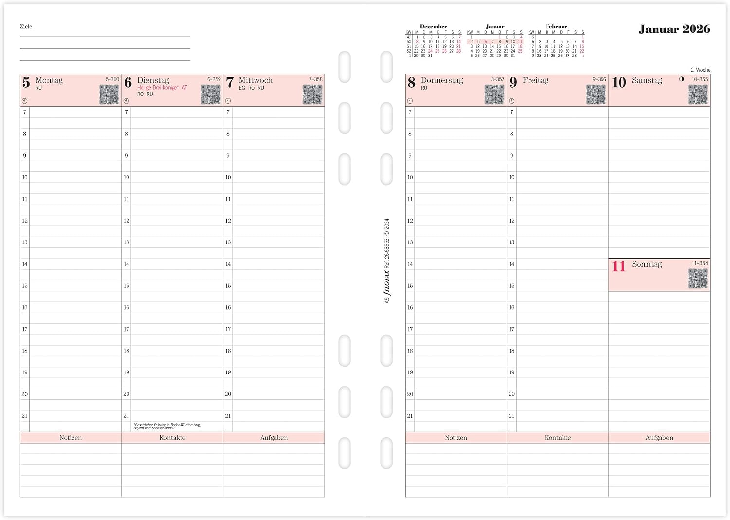 Filofax Calendar A5 Prof.1 Week on 2 Pages (German) 2026