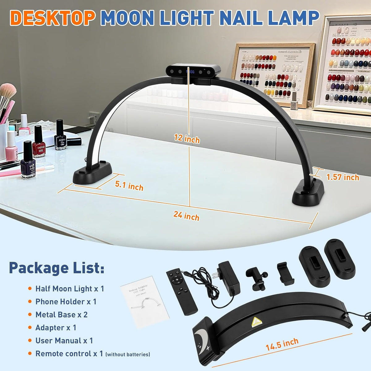KIRKAS Half Moon Light for Nail Desk, 24in Foldable Nail Lamp for Desk