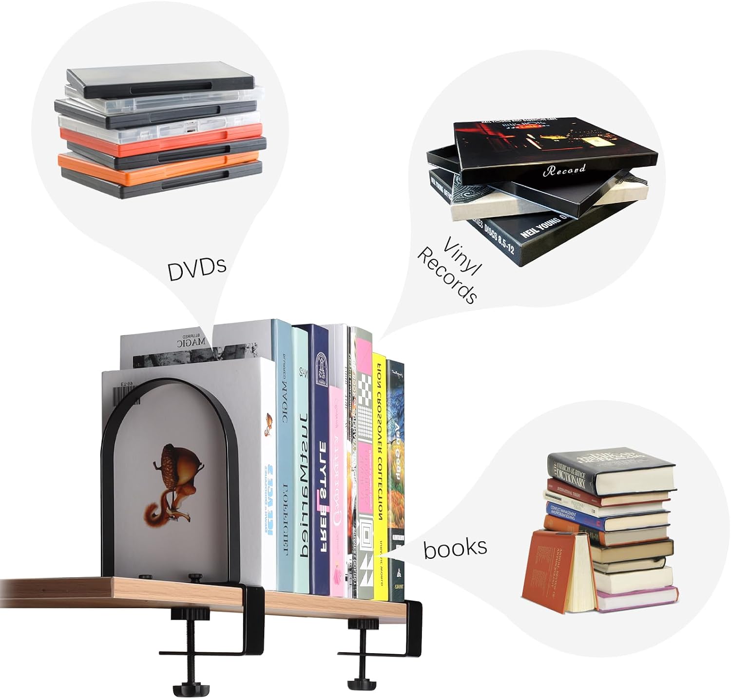WOMACO Book Ends for Heavy Books, Heavy Duty Bookend for Shelves, Super Steady Clamp-On Non-Skid Metal Book Shelves Holders Stoppers for CDs, Vinyl Records (Black, 6 Pairs)
