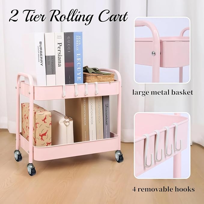 Ufriandz Pink 2 Tier Rolling Cart Metal - Image 4