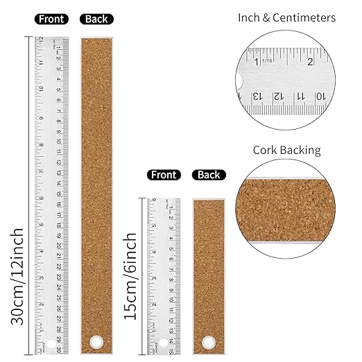Metal Ruler with Cork Backing, Stainless Steel Rulers 6 Inch 12 Inch Metal - Image 2