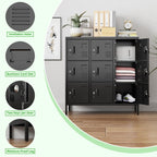 9-Door Metal Locker for Employees with Keyed Compartments | 15.79"D x 35.51"W x 37.8"H; 9 vented compartments with card slots, 18 keys and adjustable leveling feet.