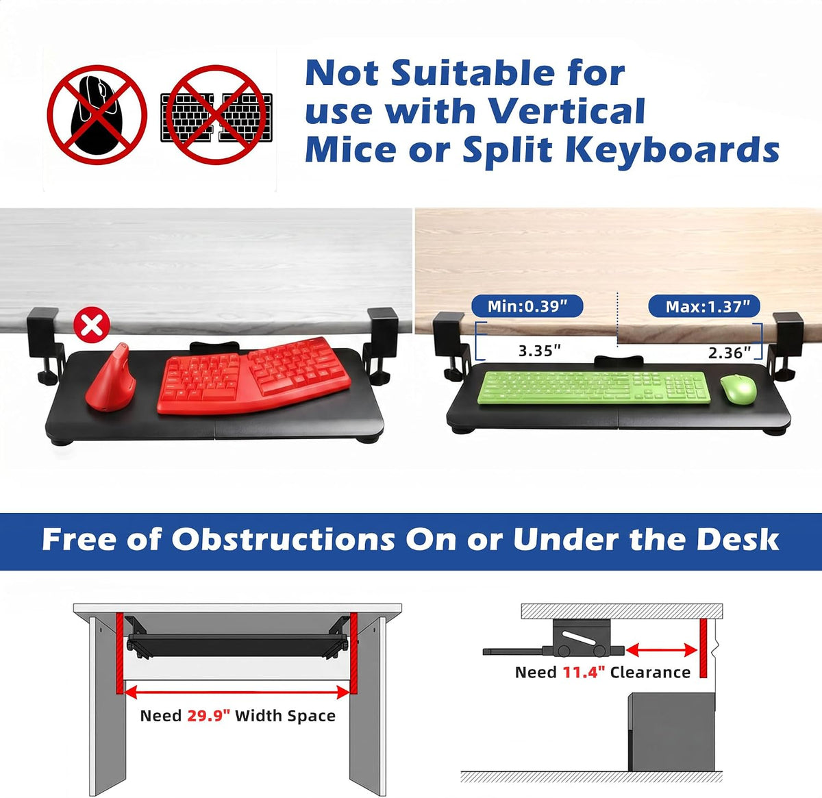 Under‑Desk Clamp Keyboard Tray, 26.77" Slide‑Out Tray, Black