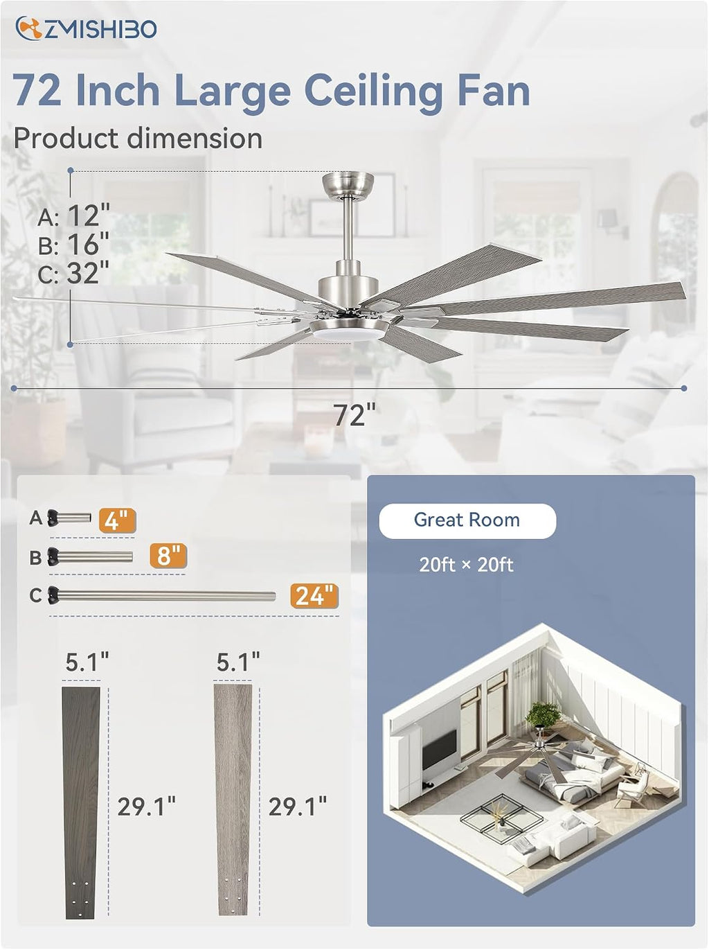 zmishibo 72” modern ceiling fan with light, remote showing dimensions