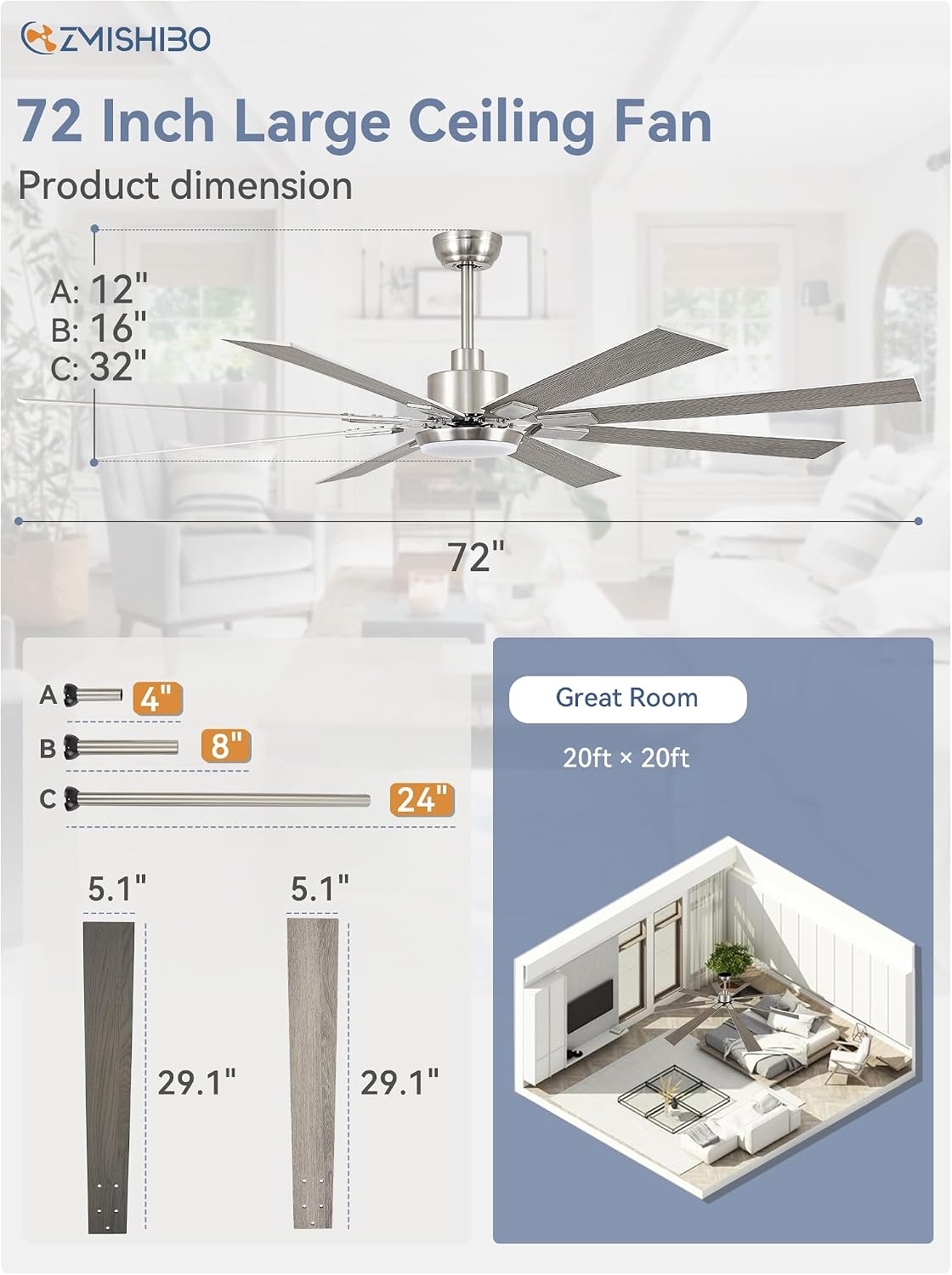 zmishibo 72” modern ceiling fan with light, remote showing dimensions