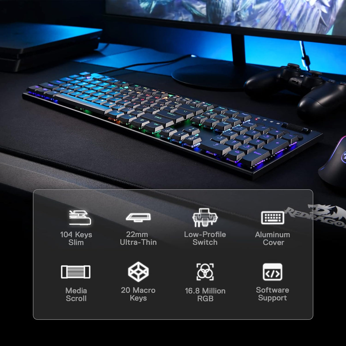 Redragon K619 Horus RGB Mechanical Keyboard, Ultra-Thin Designed Wired Gaming...