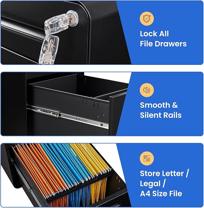 MIIIKO Mobile Filing Cabinet 3 Drawer, Rolling Small File Cabinet - Image 9