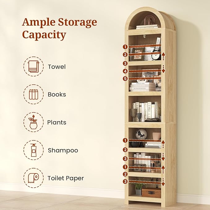 UPOSOJA 76" Tall Narrow Arched Bookcase, 7-Teir Mid-Century Modern Bookshelf - Image 3