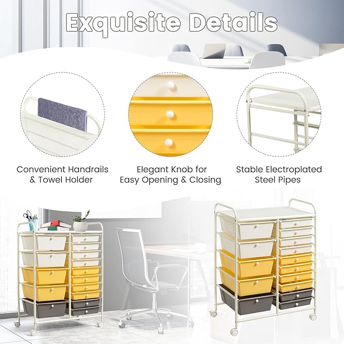 COSTWAY 15 Drawer Rolling Storage Cart, Utility Tools Paper Organizer on Wheels - Image 5